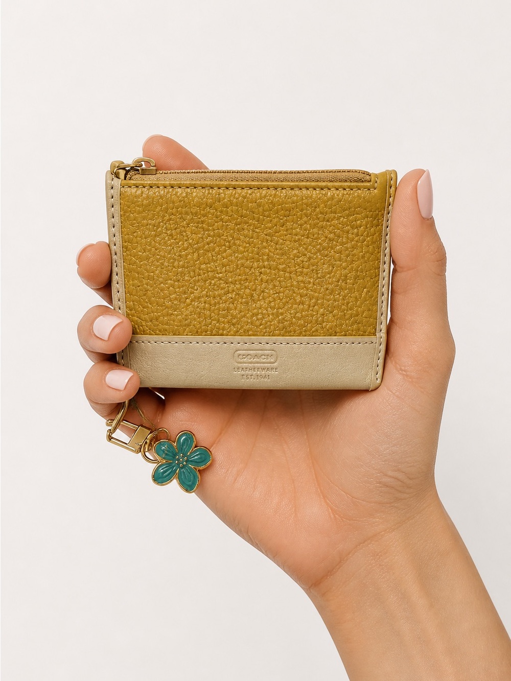 Coach Mustard and Cream Pebbled Leather Mini Wallet with Green Floral Charm